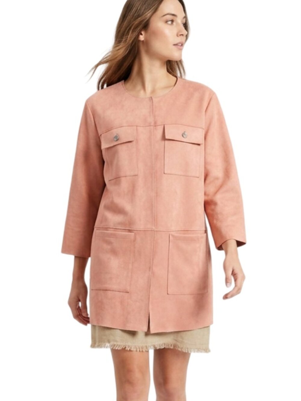 Ruby Rd. Duster Coat Jacket Open Front Pale Pink Bracelet Sleeve Four Pockets